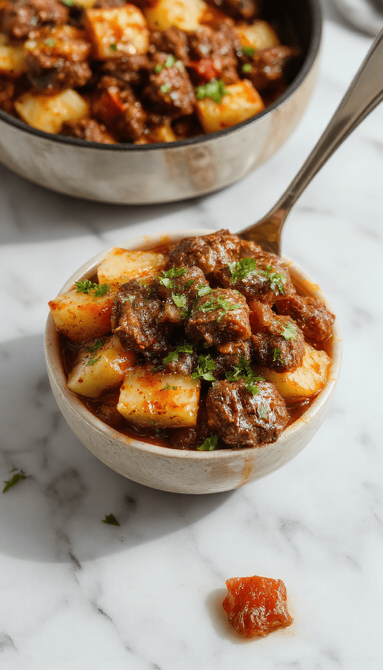 A rustic white plate featuring a hearty serving of Cheesy One Pot Beef and Potatoes, with golden-brown crispy edges, melted cheese topping, and garnished with fresh herbs. The dish showcases tender beef chunks and chunky potato pieces coated in a savory sauce, with steam rising. The background includes wooden utensils and a cozy kitchen setting, emphasizing warm, comfort food appeal.