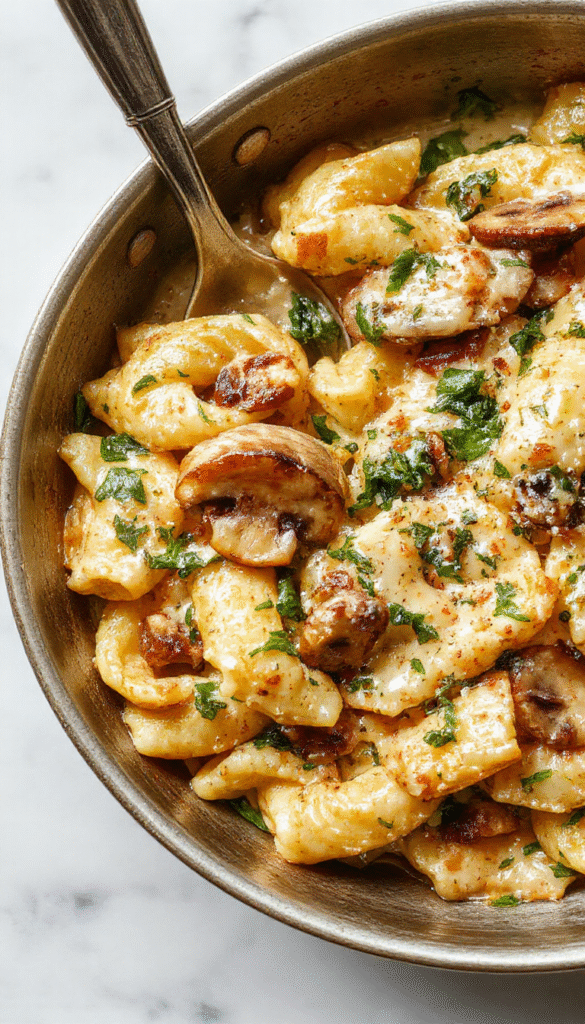 A vibrant skillet of creamy mushroom and spinach pasta topped with grated Parmesan cheese. The dish is colorful with wilted spinach, sautéed mushrooms, and golden pasta, garnished with fresh herbs on a rustic wooden table, showcasing a hearty and appetizing presentation.