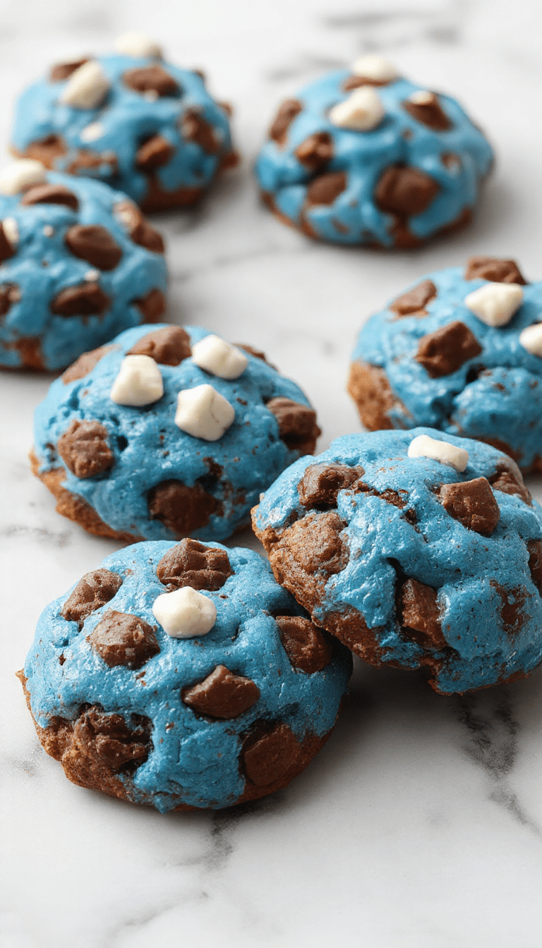 Colorful Cookie Monster Cookies with bright blue icing, googly eyes, and textured cookie base arranged on a white plate with a soft-focus background, showcasing their playful and inviting appearance