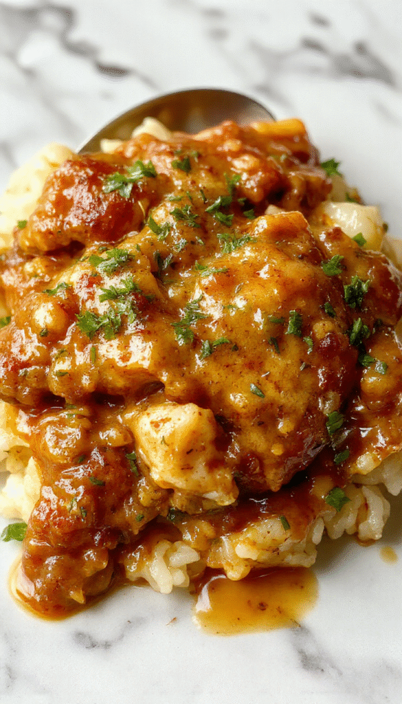 A warm, inviting plate showcasing tender smothered chicken topped with gravy, served over fluffy white rice with fresh herbs on a rustic wooden table, styled with a cozy ambiance and vibrant colors emphasizing the rich textures