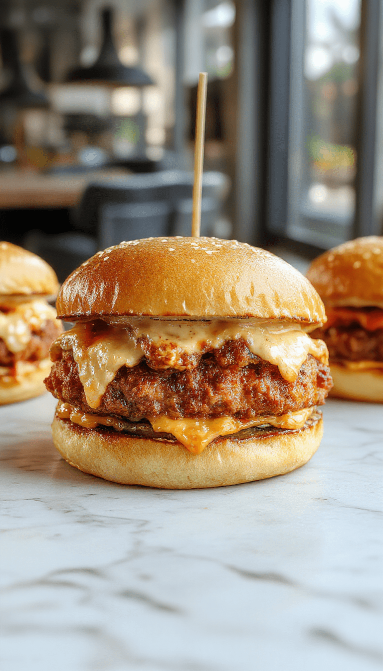A close-up of a freshly cooked crack burger showcasing melted cheese oozing over seasoned beef patties nestled in a toasted bun, topped with crispy bacon, fresh lettuce, tomato slices, and pickles. The burger is plated on a rustic wooden surface with vibrant colors and textures highlighting the melty cheese and crispy toppings.