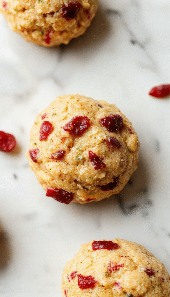 A close-up of golden-brown cranberry turkey stuffing balls arranged on a rustic plate, garnished with fresh herbs and a drizzle of cranberry glaze, with a background of autumn-themed table setting highlighting warm colors and textures.