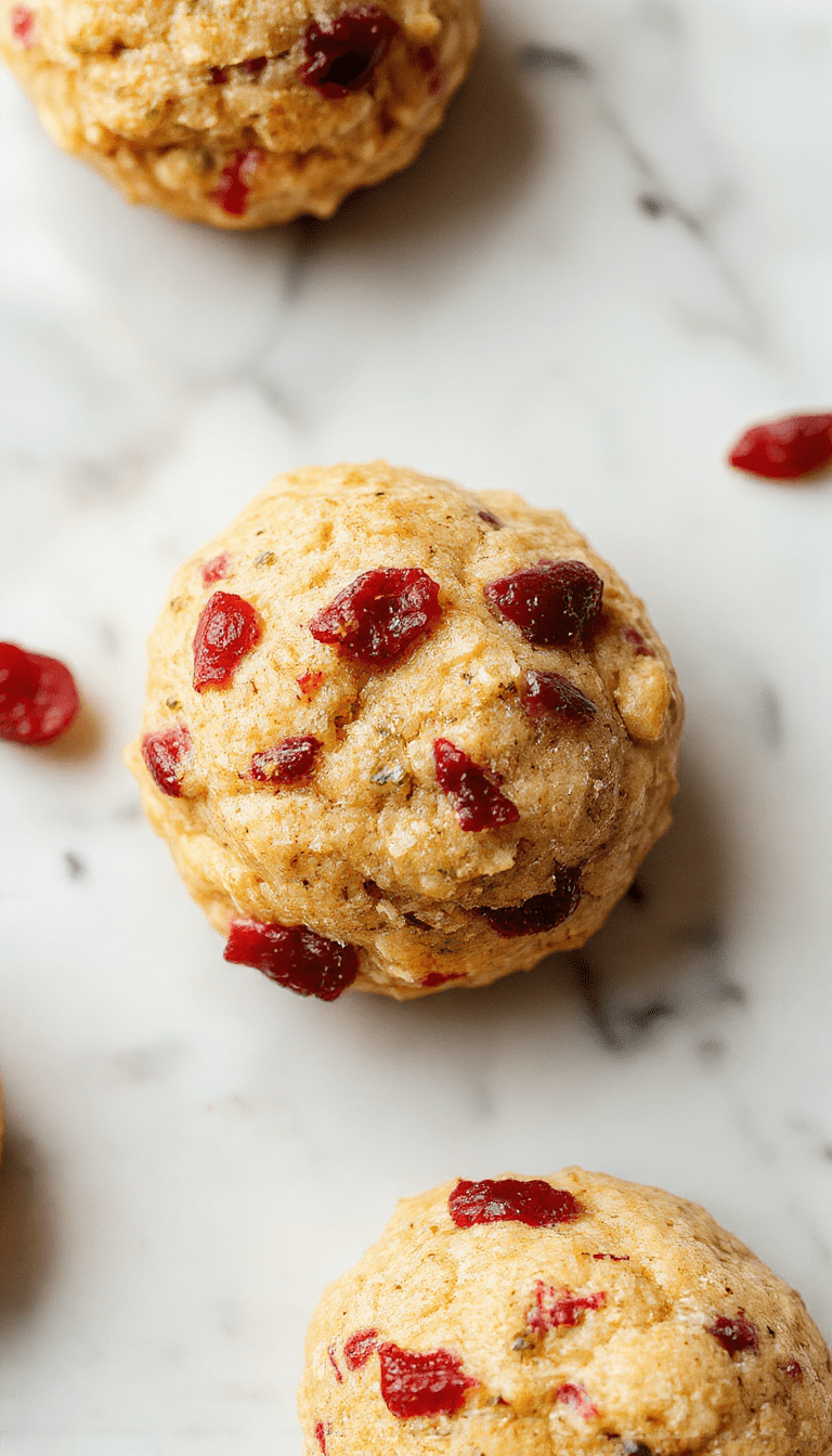 A close-up of golden-brown cranberry turkey stuffing balls arranged on a rustic plate, garnished with fresh herbs and a drizzle of cranberry glaze, with a background of autumn-themed table setting highlighting warm colors and textures.