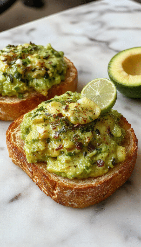 Colorful avocado toast topped with sliced ripe avocados, lime wedges, cherry tomatoes, and microgreens on a rustic wooden plate, showcasing vibrant green hues and textured toppings.
