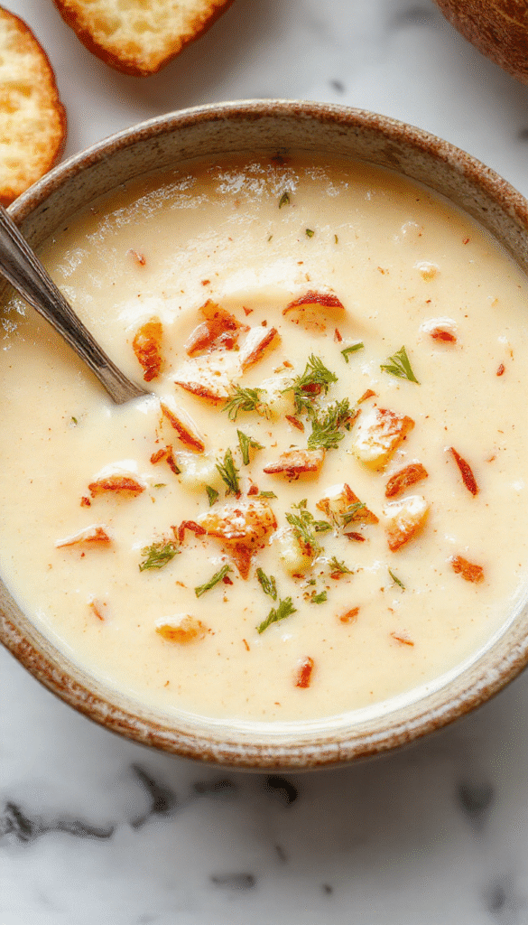 A steaming bowl of creamy baked potato soup served on a rustic wooden table, topped with shredded cheese, chopped chives, and crispy bacon bits, with a rustic bread roll on the side, all garnished with fresh herbs and styled with fall-themed decor with warm lighting.