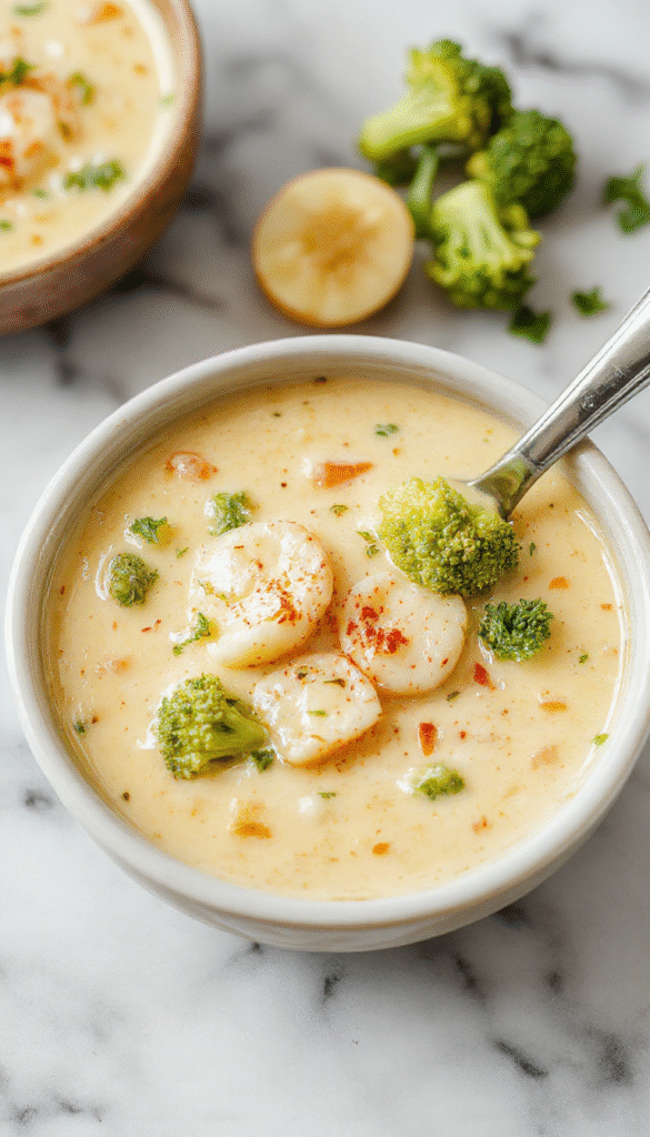 A vibrant bowl of creamy broccoli potato cheese soup topped with melted cheese, garnished with fresh herbs, served in a rustic bowl against a wooden table backdrop, with steam rising and a spoon ready for tasting.