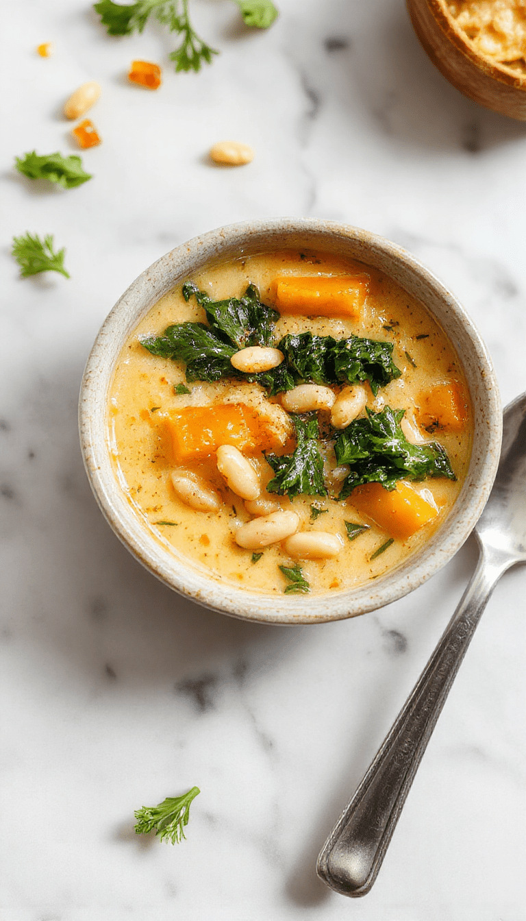 A vibrant bowl of creamy butternut squash and kale soup garnished with fresh herbs, served with a rustic bread slice. The soup’s bright orange hue contrasts with the dark green kale, creating an appetizing, colorful presentation. The bowl is placed on a wooden table, with a spoon resting beside, highlighting the textures of the smooth soup and chunky vegetables.