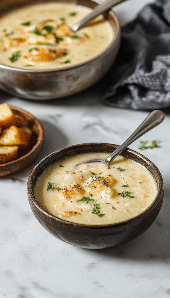 A steaming bowl of creamy cheddar garlic herb potato soup garnished with chopped chives and shredded cheddar cheese, served in a rustic white bowl on a wooden table, with visible chunks of potatoes and herbs in the rich, velvety broth, complemented by slices of crusty bread on the side.