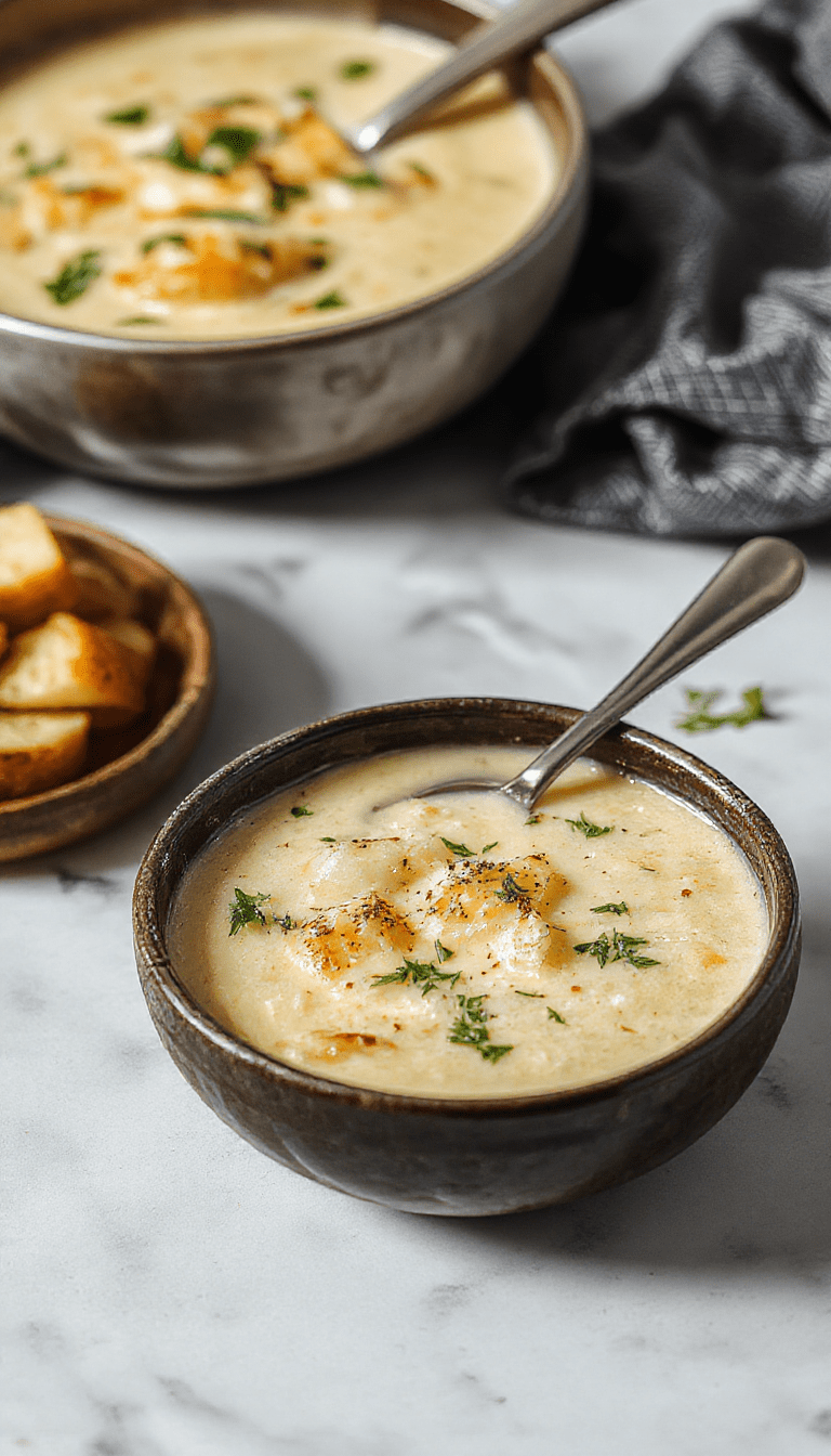 A steaming bowl of creamy cheddar garlic herb potato soup garnished with chopped chives and shredded cheddar cheese, served in a rustic white bowl on a wooden table, with visible chunks of potatoes and herbs in the rich, velvety broth, complemented by slices of crusty bread on the side.