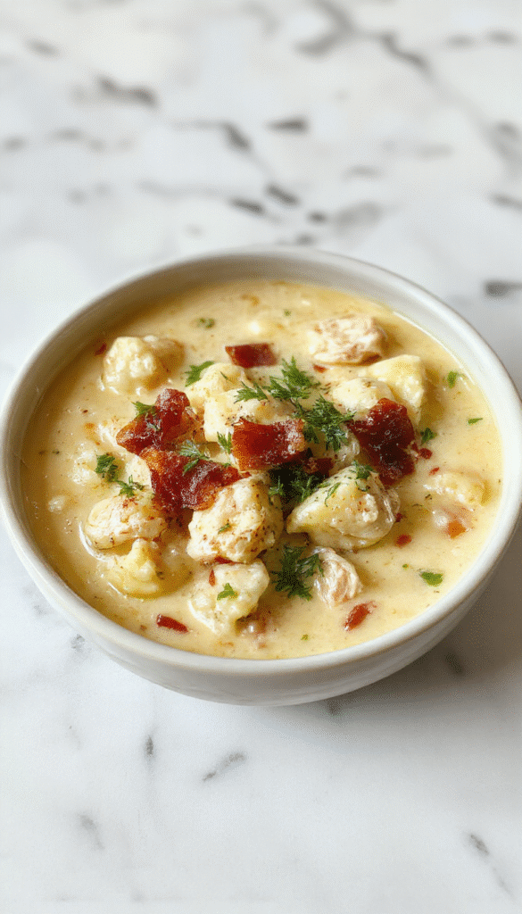 A bowl of creamy chicken bacon gnocchi soup garnished with crispy bacon bits and chopped herbs, with a rustic spoon resting on a beige plate. The soup has a rich, velvety texture, with tender gnocchi floating in a creamy, golden broth. The presentation includes a sprig of parsley and freshly cracked black pepper, styled on a wooden table with warm lighting highlighting the appetizing look.