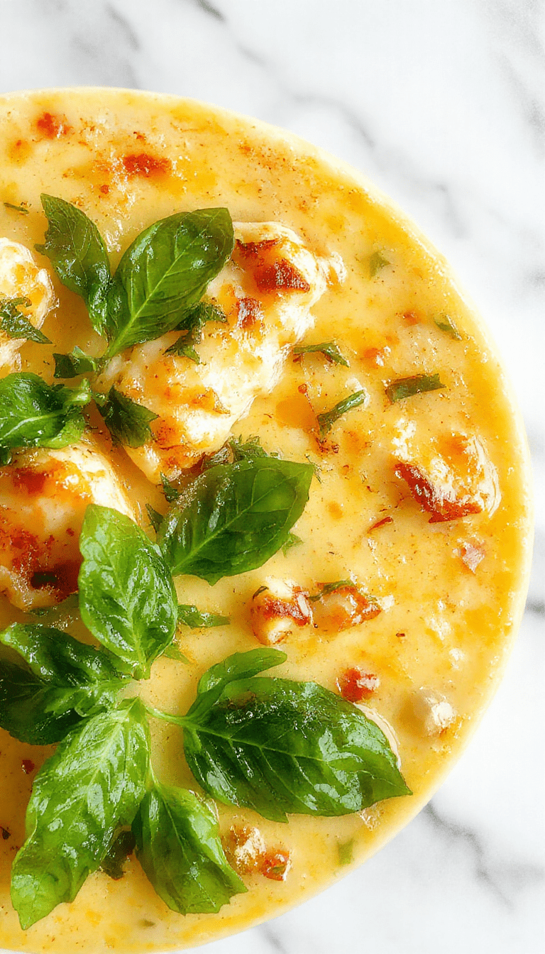 A vibrant bowl of creamy chicken parmesan soup topped with melted cheese, fresh basil leaves, and crispy toasted bread crumbs, served on a rustic wooden table with a spoon gliding through the rich broth, showcasing tender chunks of chicken, melty cheese, and a drizzle of basil pesto amid a colorful, inviting setting.