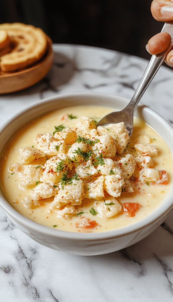 A creamy chicken pasta soup served in a white bowl, garnished with fresh herbs. The soup has a rich, velvety texture with tender pieces of chicken and al dente pasta, topped with a sprinkle of black pepper and chopped parsley, styled on a rustic wooden table with a spoon beside.