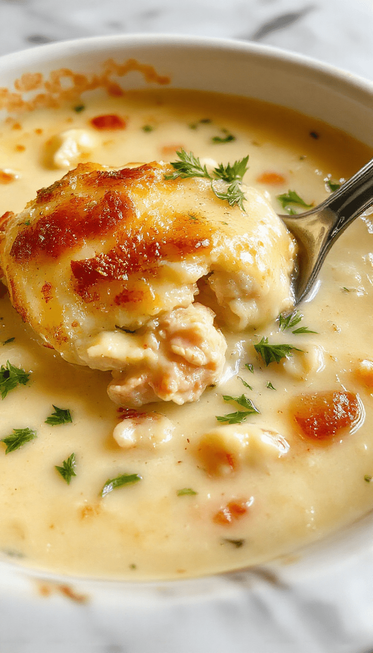 A warm bowl of creamy chicken pot pie soup topped with golden flaky pastry crumbles, garnished with chopped parsley, served on a rustic wooden table with a spoon beside it, showcasing a rich, hearty texture and vibrant colors of carrots, peas, and tender chicken chunks.