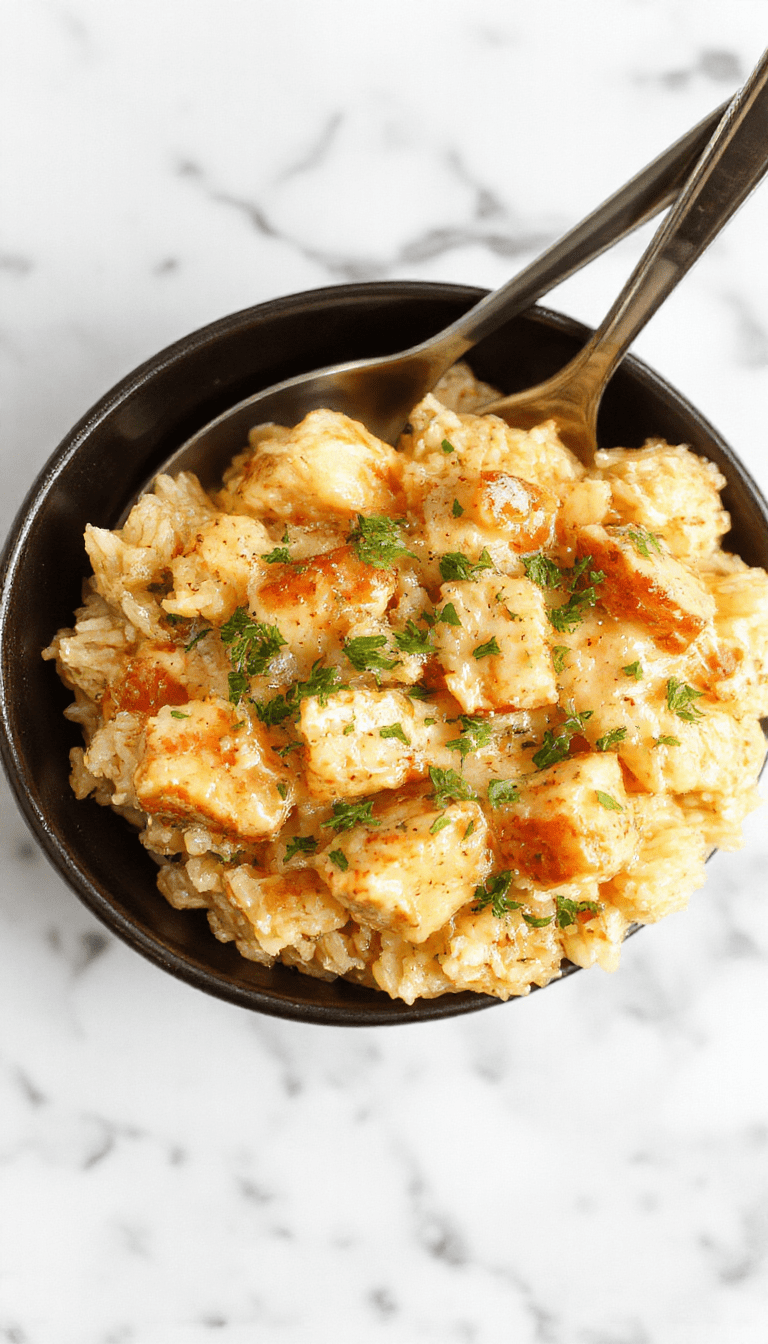 A vibrant bowl of creamy chicken and rice on a rustic wooden table, topped with fresh herbs, with a creamy sauce drizzle and tender rice grains.