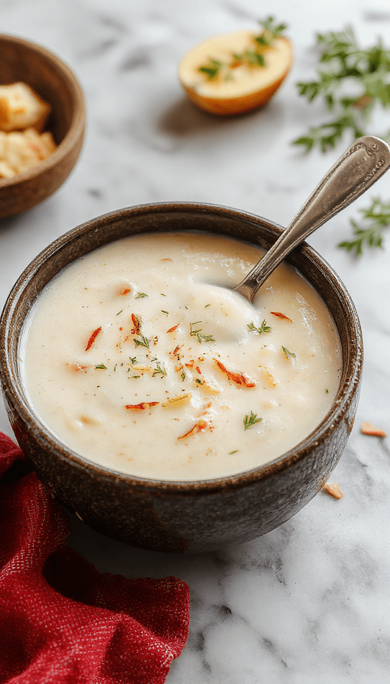 A steaming bowl of creamy potato soup garnished with chopped herbs, served in a rustic white bowl on a wooden table, with crispy bacon bits and green onions sprinkled on top, and a side of crusty bread in the background, all bathed in warm natural light highlighting the rich textures and inviting colors.