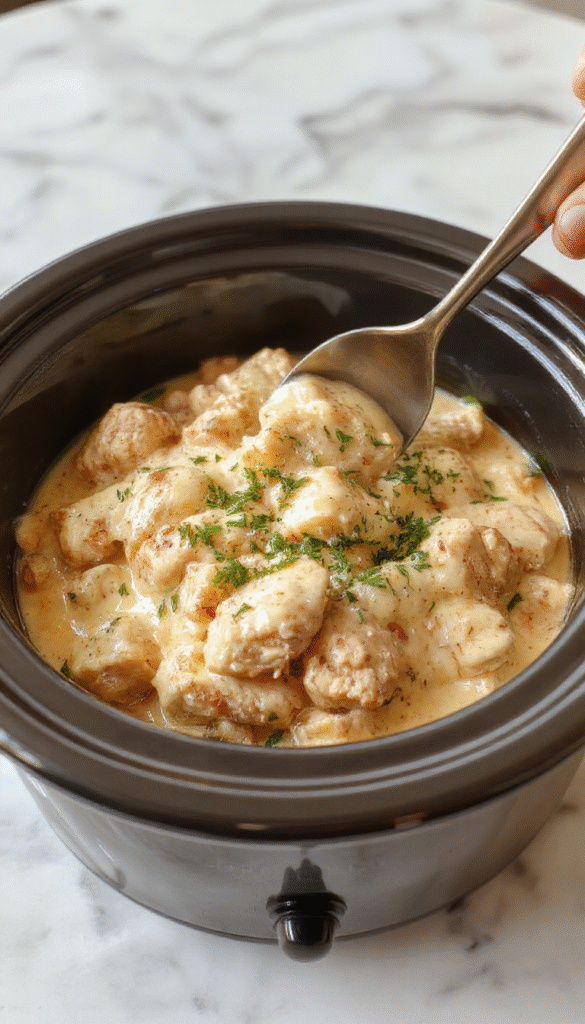 A close-up of a creamy chicken Alfredo dish in a white bowl, garnished with fresh parsley. The dish features tender shredded chicken and fettuccine coated in a rich, velvety Alfredo sauce, with a sprinkle of black pepper. The background shows a rustic wooden table and a fork resting on the side, emphasizing the comforting and hearty nature of the meal.