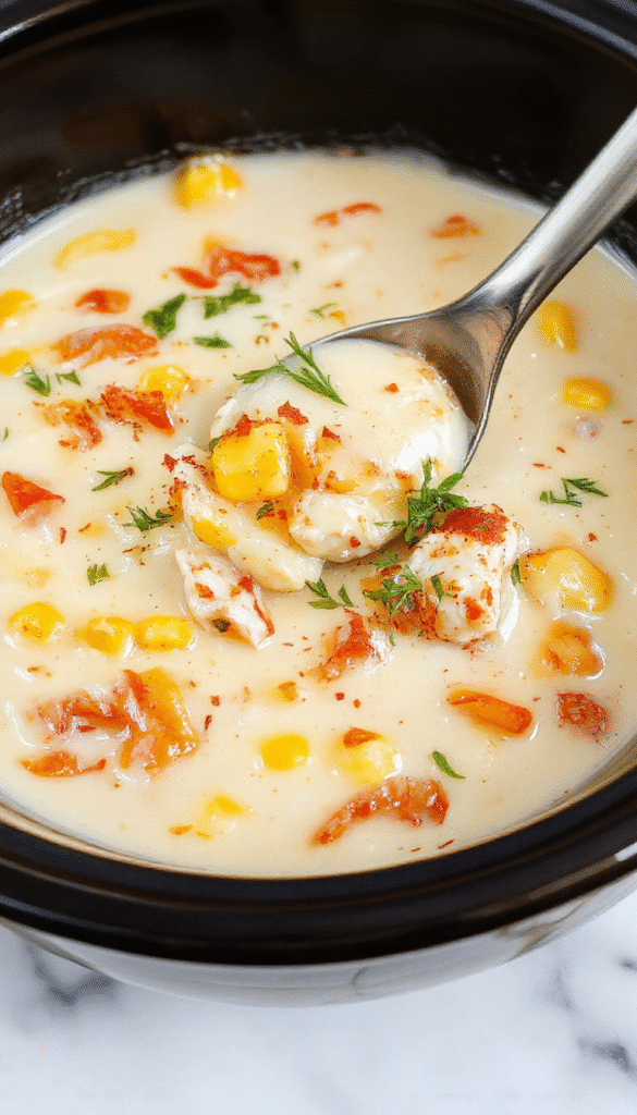 A warm bowl of creamy chicken corn chowder with tender chicken pieces, yellow corn kernels, and green herbs, topped with a sprinkle of fresh herbs on a rustic wooden table with a spoon beside, steam gently rising, vibrant yellow and white colors contrasted with green garnishes, styled with colorful napkins and a cozy atmosphere.