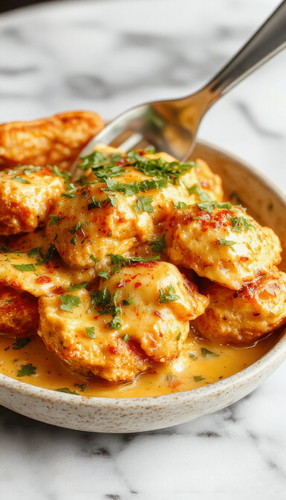 A vibrant plate of dairy free butter chicken featuring tender orange-coated chicken pieces topped with fresh cilantro and served alongside fluffy white rice. The rich sauce has a smooth, glossy texture with herbs and spices visible, all arranged on a rustic wooden platter with garnishes, evoking an inviting and wholesome meal.