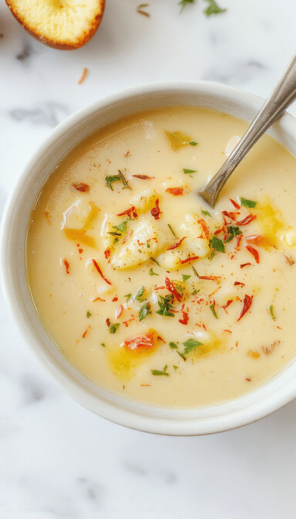 A vibrant bowl of creamy potato and leek soup with a smooth texture, garnished with fresh chopped herbs. The soup is served in a rustic white bowl on a wooden table, with crispy bread slices beside. The rich, velvety consistency is highlighted by steam rising, and the setting features natural lighting, emphasizing the warm, inviting tones of the soup and the fresh ingredients used.
