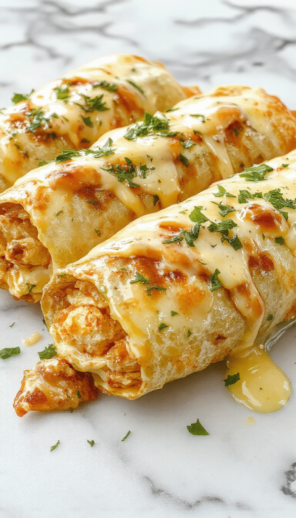 A close-up of cheesy garlic chicken wraps on a rustic wooden plate. The wraps are golden-brown, generously filled with shredded chicken, melted cheese, and finely chopped herbs. The top is drizzled with garlic sauce and sprinkled with fresh parsley, showcasing their crispy edges and gooey interior, styled with a few garlic cloves and a sprig of parsley for garnish.