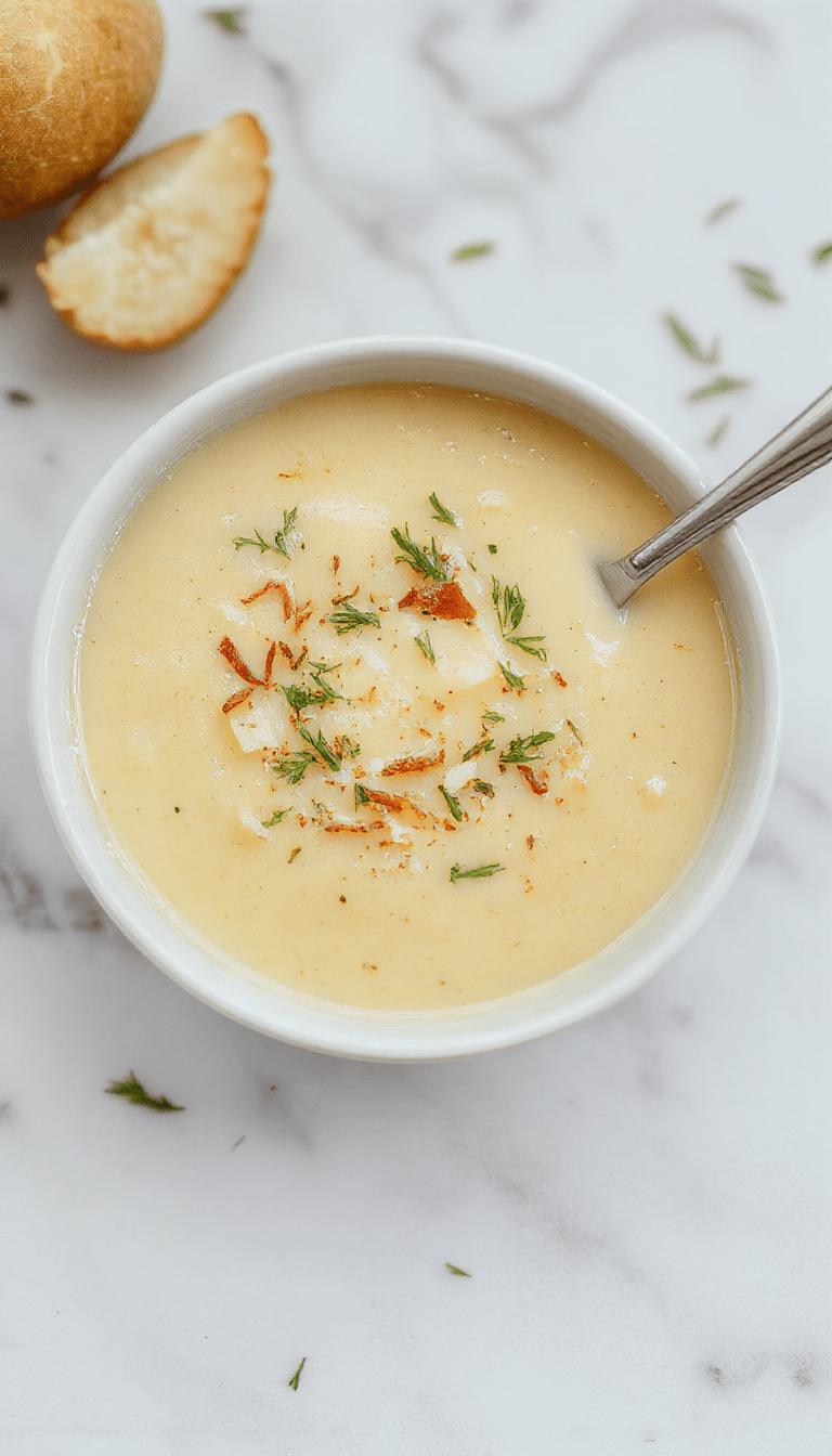 A vibrant bowl of creamy potato soup with golden-brown crispy toppings, garnished with fresh herbs, served in a rustic white bowl on a wooden table with a spoon, showcasing smooth texture and hearty ingredients.
