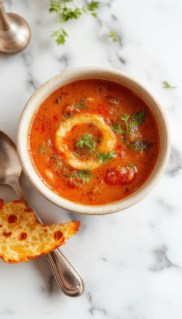 A vibrant bowl of creamy homemade tomato soup garnished with fresh basil leaves, served on a rustic wooden table with a side of crusty bread, steam rising from the bowl, showcasing rich red color, smooth texture, and fresh green herbs for garnish.