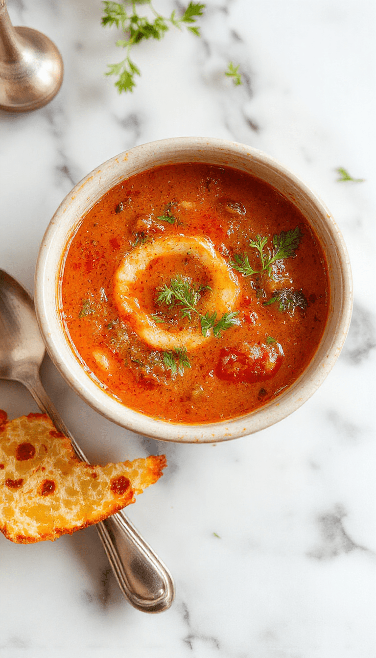 A vibrant bowl of creamy homemade tomato soup garnished with fresh basil leaves, served on a rustic wooden table with a side of crusty bread, steam rising from the bowl, showcasing rich red color, smooth texture, and fresh green herbs for garnish.