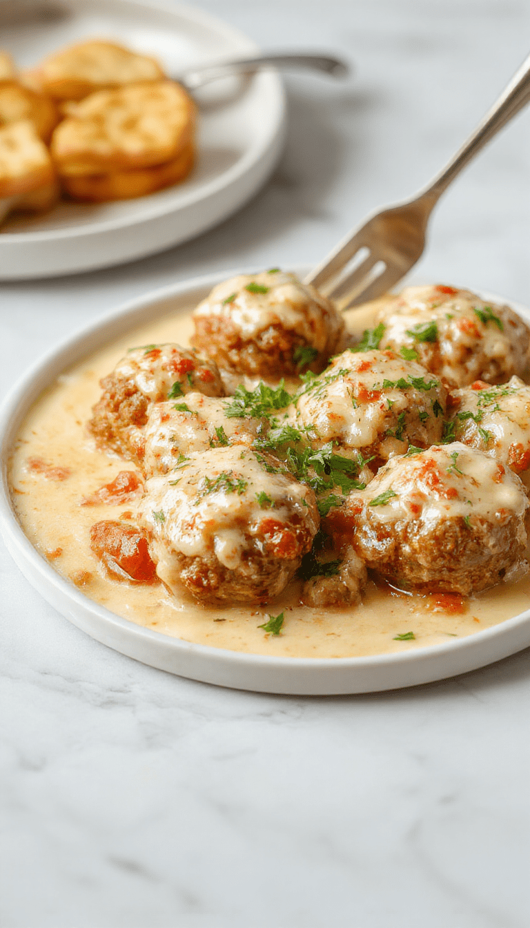 A close-up of golden-brown Italian meatballs coated in a rich, creamy sauce, garnished with fresh basil and served on a white plate with a rustic wooden background