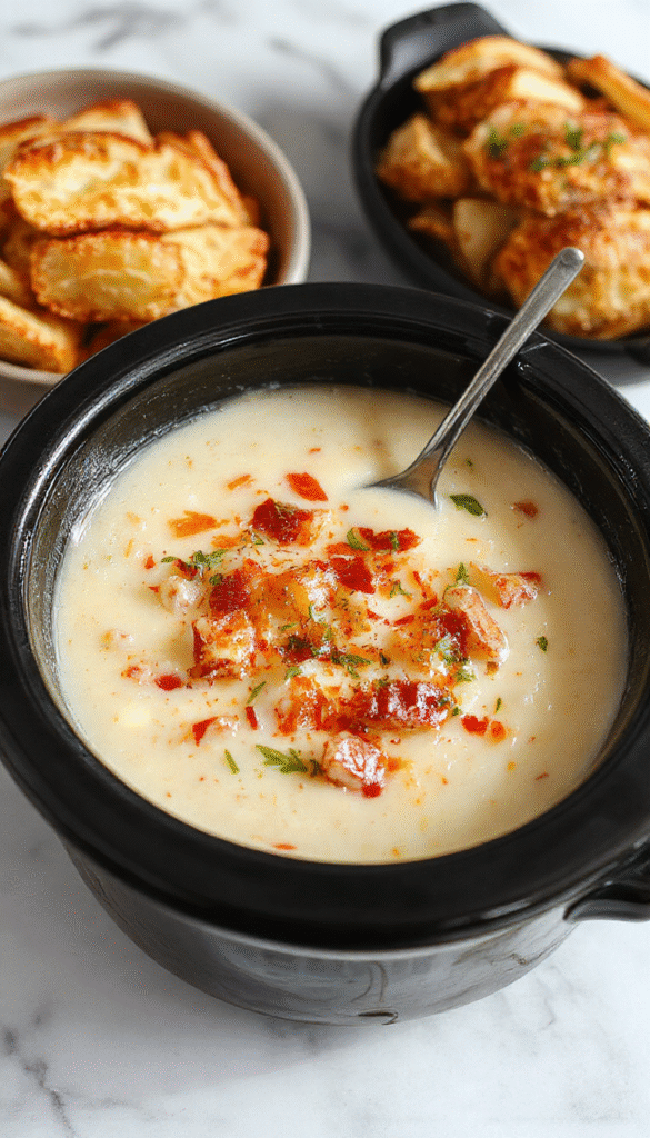 A warm bowl of creamy loaded potato soup garnished with shredded cheese, chopped green onions, crispy bacon bits, and dollops of sour cream. The soup has a rich, velvety texture, with chunks of tender potatoes visible beneath the toppings. The presentation is inviting with a rustic spoon resting on the side, set on a wooden table with a cozy, homey atmosphere.