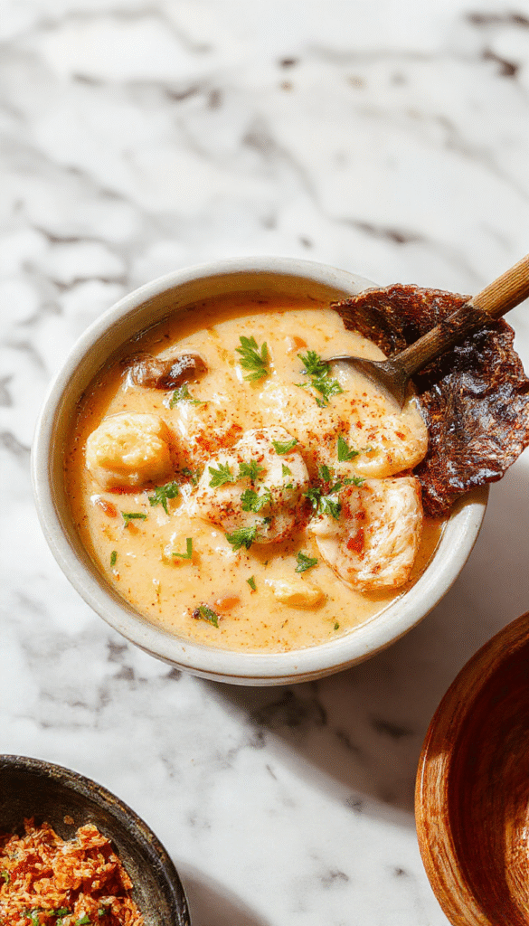 A vibrant bowl of Marry Me Chicken Ramen featuring thick noodles immersed in a creamy, golden sauce topped with crispy chicken pieces, garnished with green scallions and sesame seeds, on a rustic wooden table with chopsticks and a side of fresh vegetables