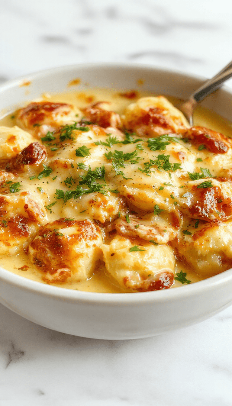 A vibrant, golden-brown chicken pot pie with fluffy gnocchi topping, garnished with fresh herbs, served in a rustic skillet. The dish features creamy filling peeking through a flaky crust, with steam rising, set against a cozy kitchen background.