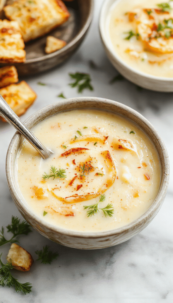 A vibrant bowl of creamy roasted garlic potato soup with a smooth texture, garnished with fresh herbs, served in a rustic white ceramic bowl on a wooden surface, with roasted garlic cloves and chopped potatoes beside it, highlighting the warm, earthy tones and inviting presentation.