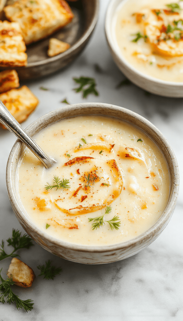 A vibrant bowl of creamy roasted garlic potato soup with a smooth texture, garnished with fresh herbs, served in a rustic white ceramic bowl on a wooden surface, with roasted garlic cloves and chopped potatoes beside it, highlighting the warm, earthy tones and inviting presentation.