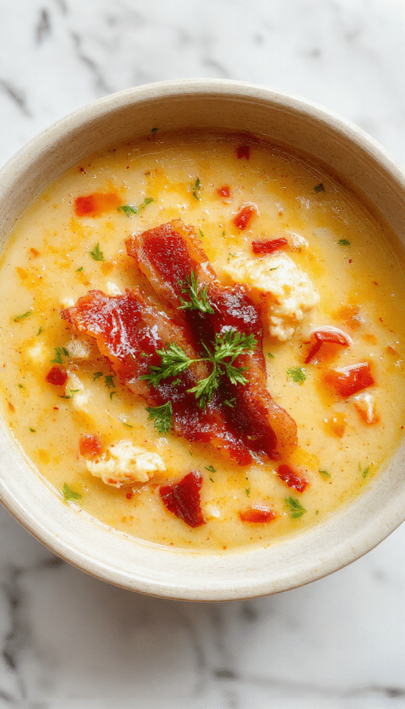 A steaming bowl of creamy chicken soup topped with crispy bacon bits, garnished with chopped green onions. The soup has a rich, velvety texture with chunks of tender chicken visible. The bowl is placed on a rustic wooden table, with a drizzle of fresh herbs on top. Surrounding the bowl are slices of crusty bread and a side of fresh herbs, creating an inviting and comforting scene.
