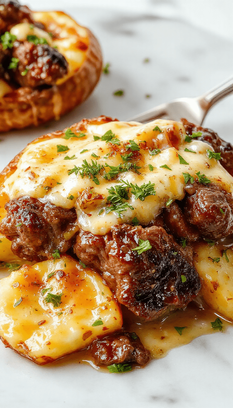 A hearty casserole dish featuring tender slow-cooked beef chunks layered with melted cheddar cheese and crispy golden potatoes, garnished with fresh herbs on a rustic wooden table.