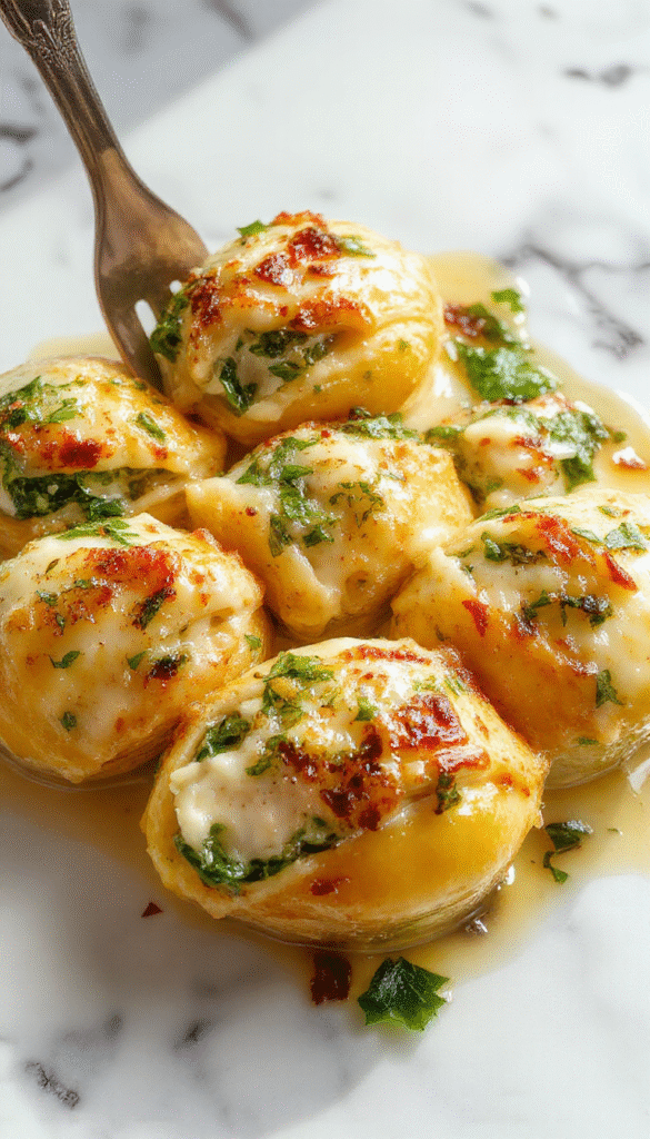A vibrant plate featuring large, golden-baked pasta shells filled with creamy spinach and ricotta cheese, topped with melted cheese and fresh basil, served on a rustic white platter with a side of garlic bread, highlighting the textures and colors of the cheesy stuffing and leafy greens.