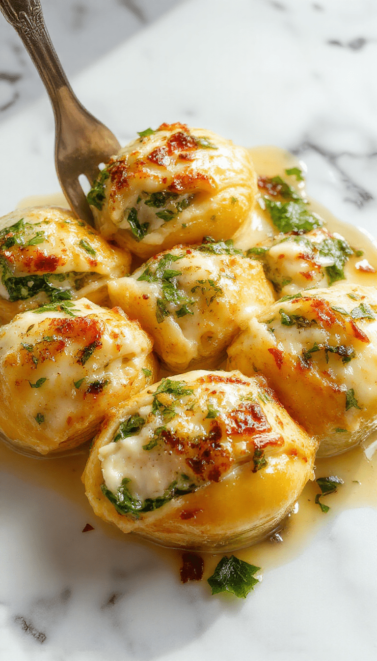 A vibrant plate featuring large, golden-baked pasta shells filled with creamy spinach and ricotta cheese, topped with melted cheese and fresh basil, served on a rustic white platter with a side of garlic bread, highlighting the textures and colors of the cheesy stuffing and leafy greens.