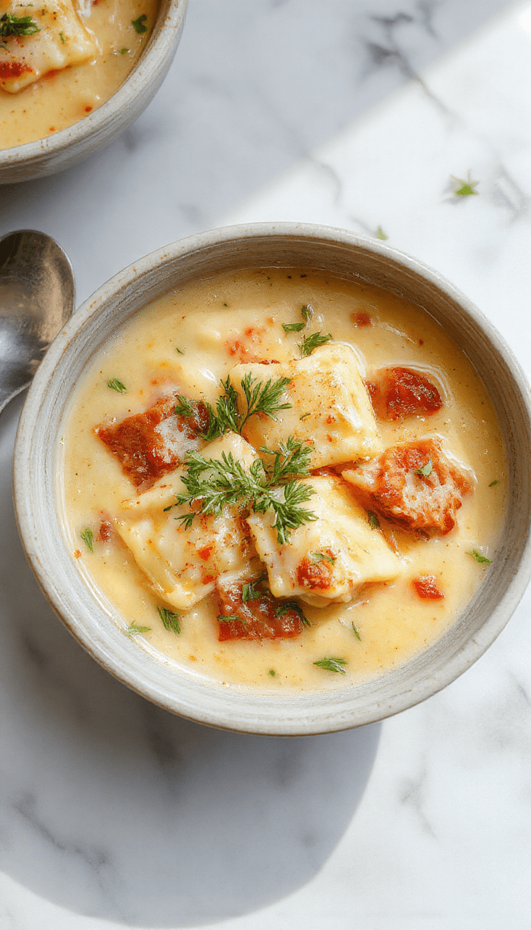 A warm bowl of creamy Tuscan ravioli soup with golden ravioli, fresh spinach, cherry tomatoes, and drizzled with herbs, served in a rustic white bowl on a wooden surface with Parmesan cheese and basil garnish.