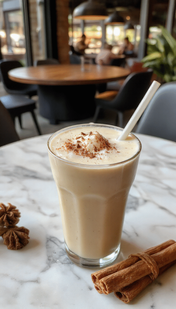 A steaming cup of creamy vanilla cinnamon milk tea on a rustic wooden table, topped with a cinnamon stick and a sprinkle of cinnamon powder. The tea has a smooth, milky texture with a hint of vanilla and cinnamon, complemented by a cozy background featuring soft lighting and a warm autumn-themed setting.