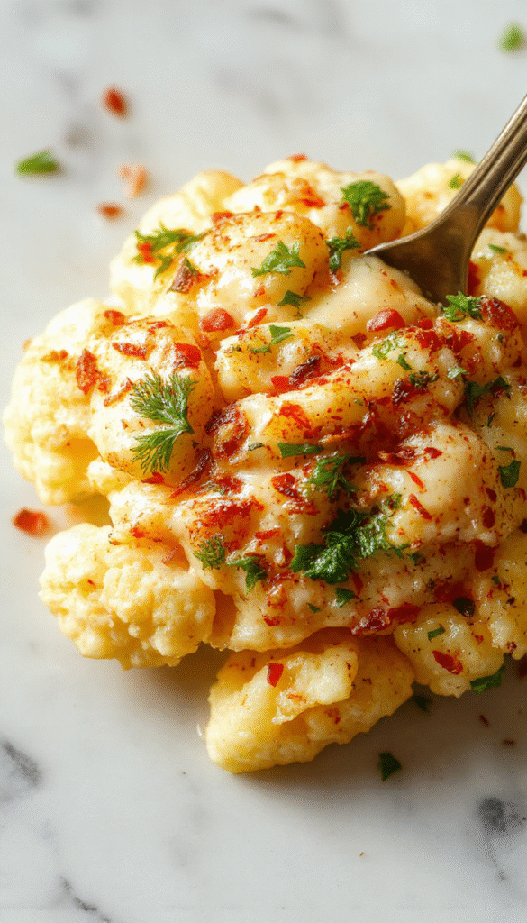 A vibrant plate of butter cauliflower featuring golden-brown, roasted cauliflower florets coated in a rich, creamy vegan sauce. The dish is garnished with fresh herbs and served on a rustic white plate, with a backdrop of colorful vegetables and a sprig of parsley, showcasing glossy textures and inviting presentation.