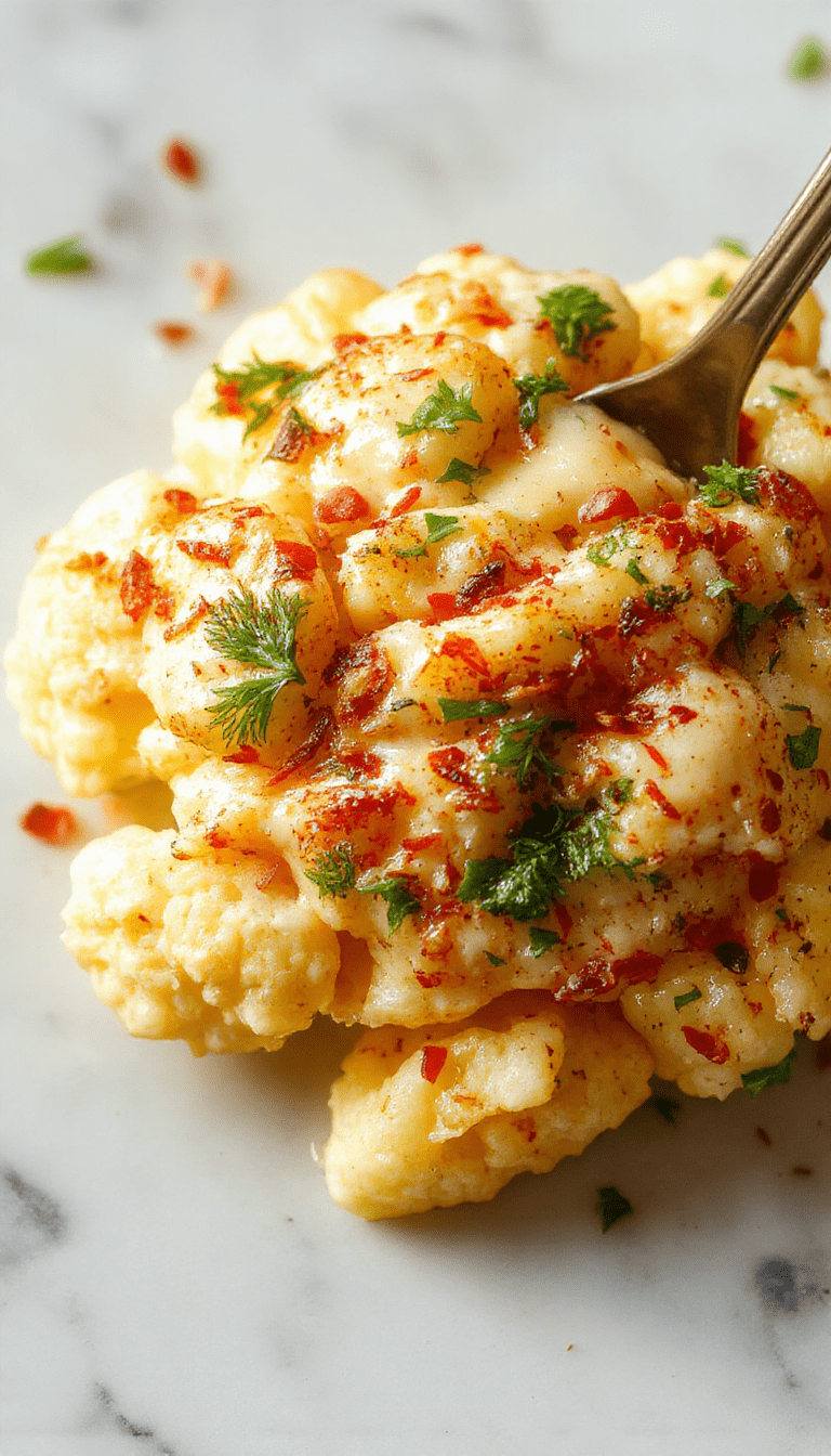 A vibrant plate of butter cauliflower featuring golden-brown, roasted cauliflower florets coated in a rich, creamy vegan sauce. The dish is garnished with fresh herbs and served on a rustic white plate, with a backdrop of colorful vegetables and a sprig of parsley, showcasing glossy textures and inviting presentation.