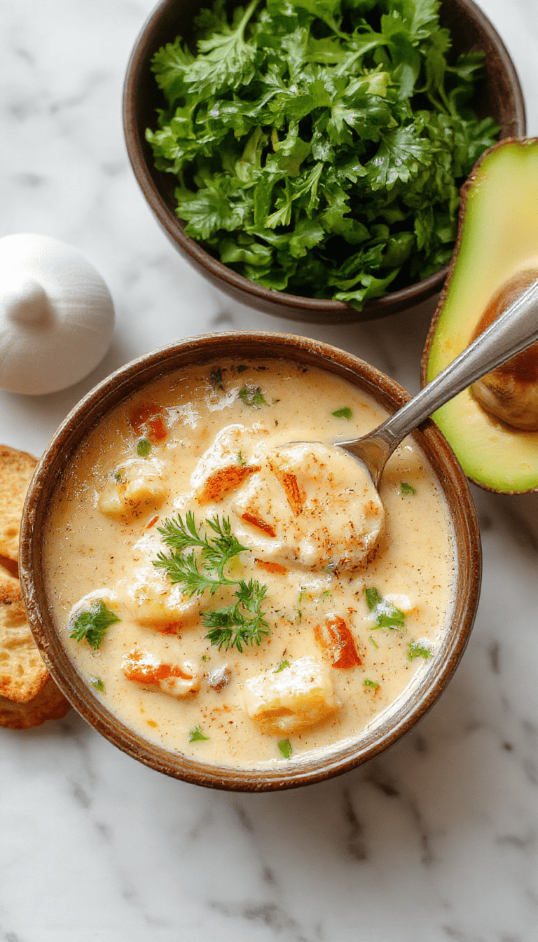 A vibrant bowl of creamy vegetable soup featuring colorful chopped carrots, celery, and spinach garnished with fresh herbs on a rustic wooden table topped with a swirl of cream.
