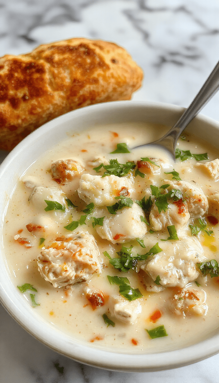 A white ceramic bowl filled with creamy white chicken chili topped with fresh cilantro and shredded cheese, steam rising, surrounded by rustic bread slices, vibrant green herbs, and a silver spoon on a wooden table, warm and inviting presentation.
