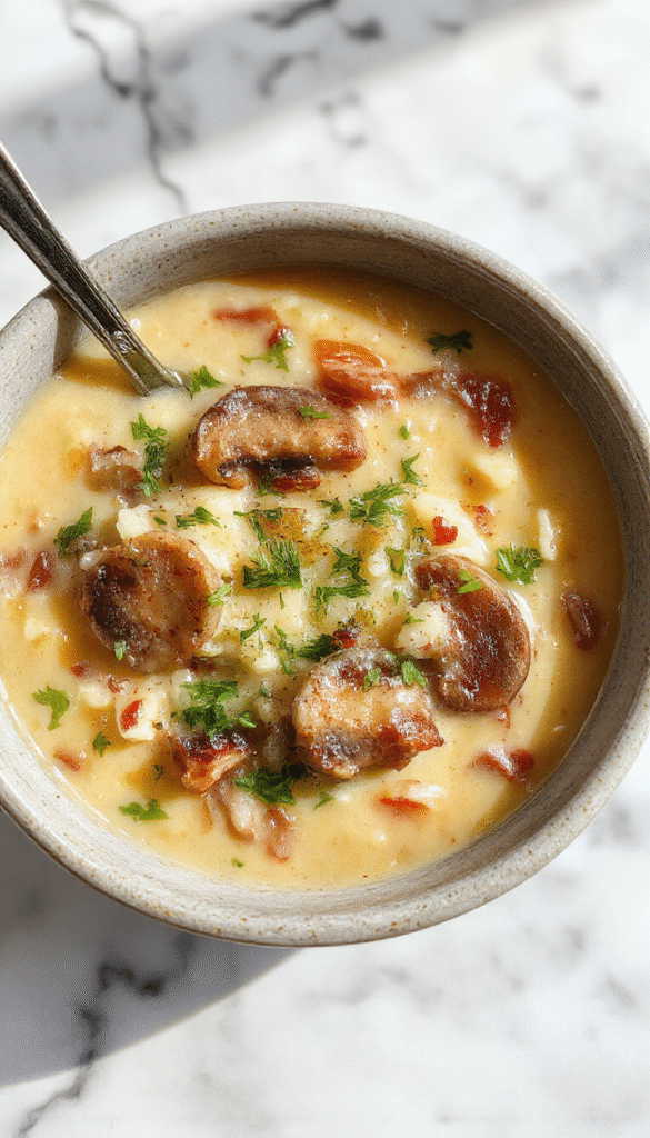 A steaming bowl of creamy wild rice and mushroom soup on a rustic wooden table, topped with fresh herbs. The soup has a rich, earthy color with visible chunks of mushrooms and tender rice, accompanied by a crusty bread slice and a sprig of parsley for garnish, styled in a cozy kitchen setting.