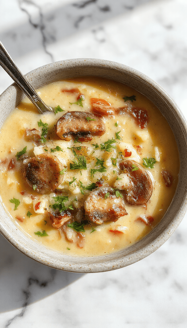 A steaming bowl of creamy wild rice and mushroom soup on a rustic wooden table, topped with fresh herbs. The soup has a rich, earthy color with visible chunks of mushrooms and tender rice, accompanied by a crusty bread slice and a sprig of parsley for garnish, styled in a cozy kitchen setting.