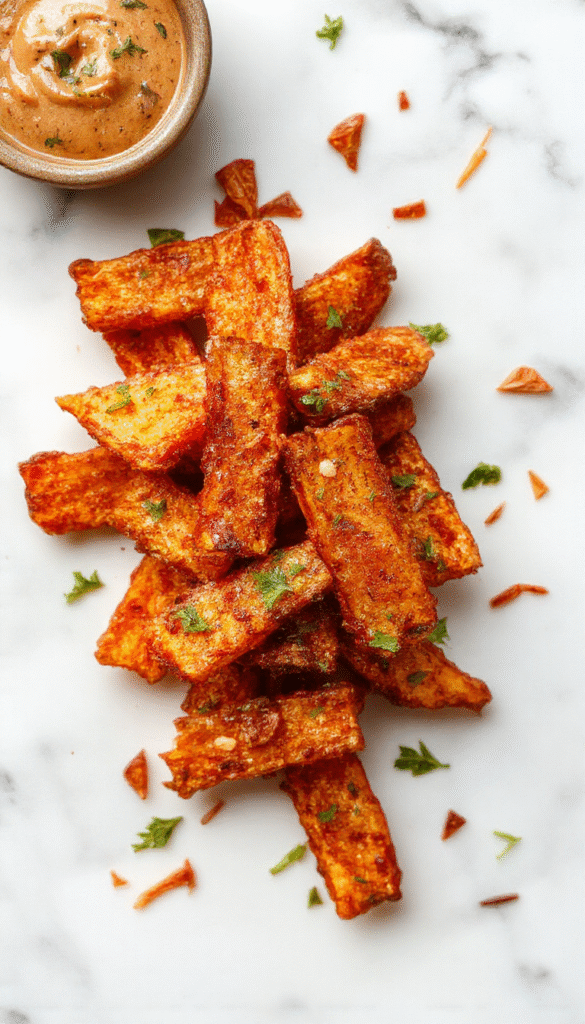 A vibrant plate of golden crispy oven baked sweet potato fries arranged neatly on a rustic white platter. The fries are garnished with fresh chopped parsley, showcasing their crispy edges and tender interior. The background features a wooden table with a small bowl of creamy dipping sauce, and a few sweet potato slices scattered around for added texture and color. Natural lighting accentuates the warm tones and crispy texture of the fries.