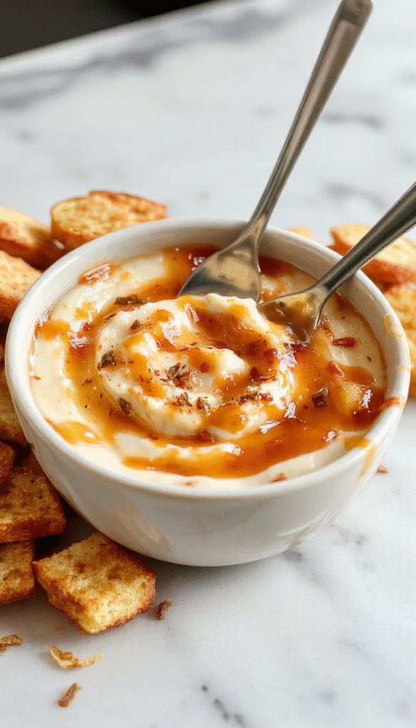 A vibrant bowl of caramel apple cheesecake dip topped with crispy apple chunks and drizzled with caramel sauce, presented on a rustic wooden platter surrounded by fresh apple slices and vanilla cookies, with a creamy and glossy texture contrasting with the crunchy apple pieces and smooth caramel.