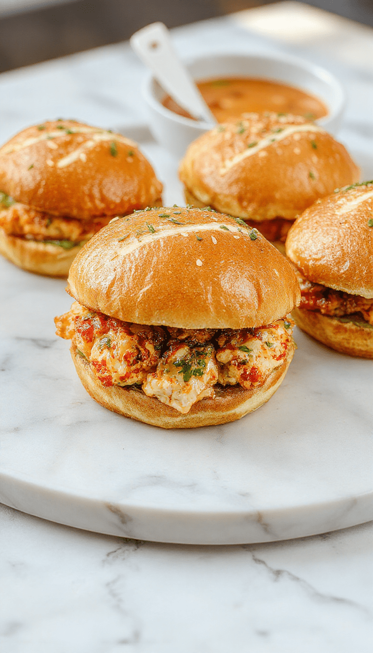 Colorful chicken sliders arranged neatly on a white plate, topped with spicy bang bang sauce and garnished with green herbs, showcasing crispy bread buns and creamy filling