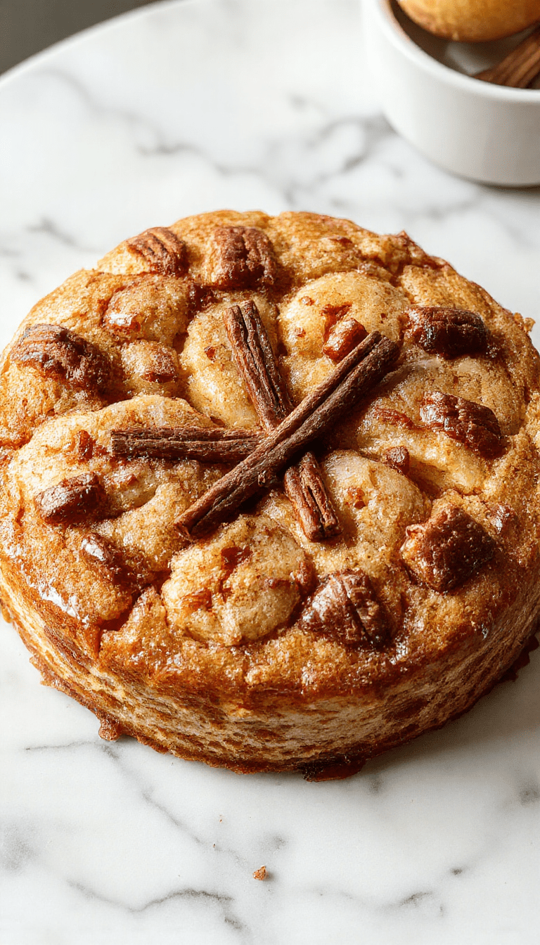 A beautifully sliced cinnamon apple cake with golden-brown crust and cinnamon-sugar dusting on top, garnished with fresh apple slices and a drizzle of caramel. The cake is plated on a rustic wooden table with soft natural lighting highlighting its moist texture and enticing aroma.