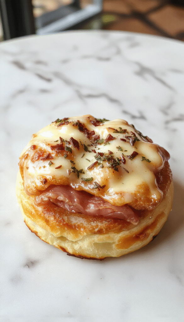 A golden-brown puff pastry topped with a perfectly cooked sunnyside-up egg, melted cheese, slices of ham, and garnished with fresh herbs, served on a rustic white plate with a flaky texture and vibrant colors.